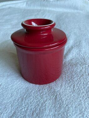 Butter Crock with Water Line for Countertop, French Dish with Lid, Ceramic RED